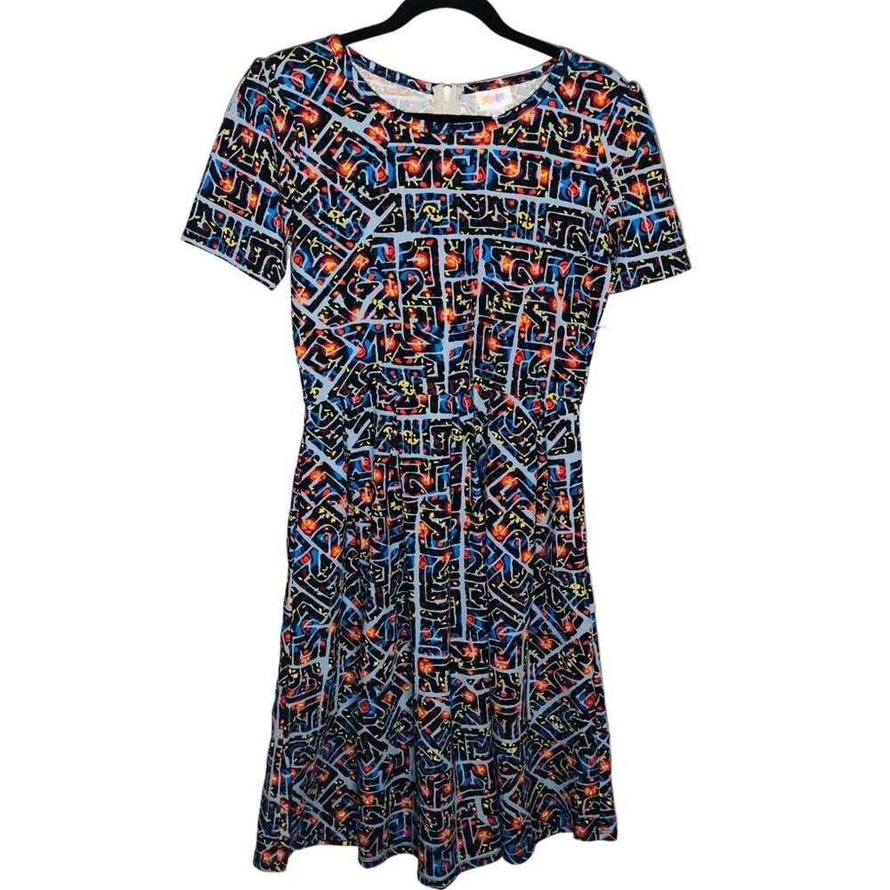 LulaRoe Amelia dress multi color short sleeve back zipper fit flare L READ NEW